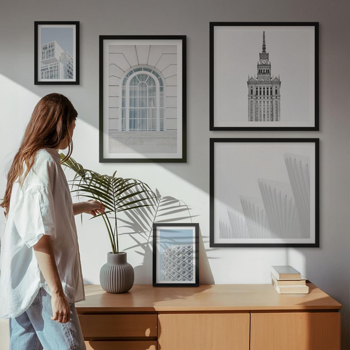 BILDER SET 5er Set - 50x50 cm & 20x30 cm & 40x60 cm Schwarzer Rahmen - Moderne Architekturgeometrie - Schwarz, Kunststoff (40/60cm) - TULUP
