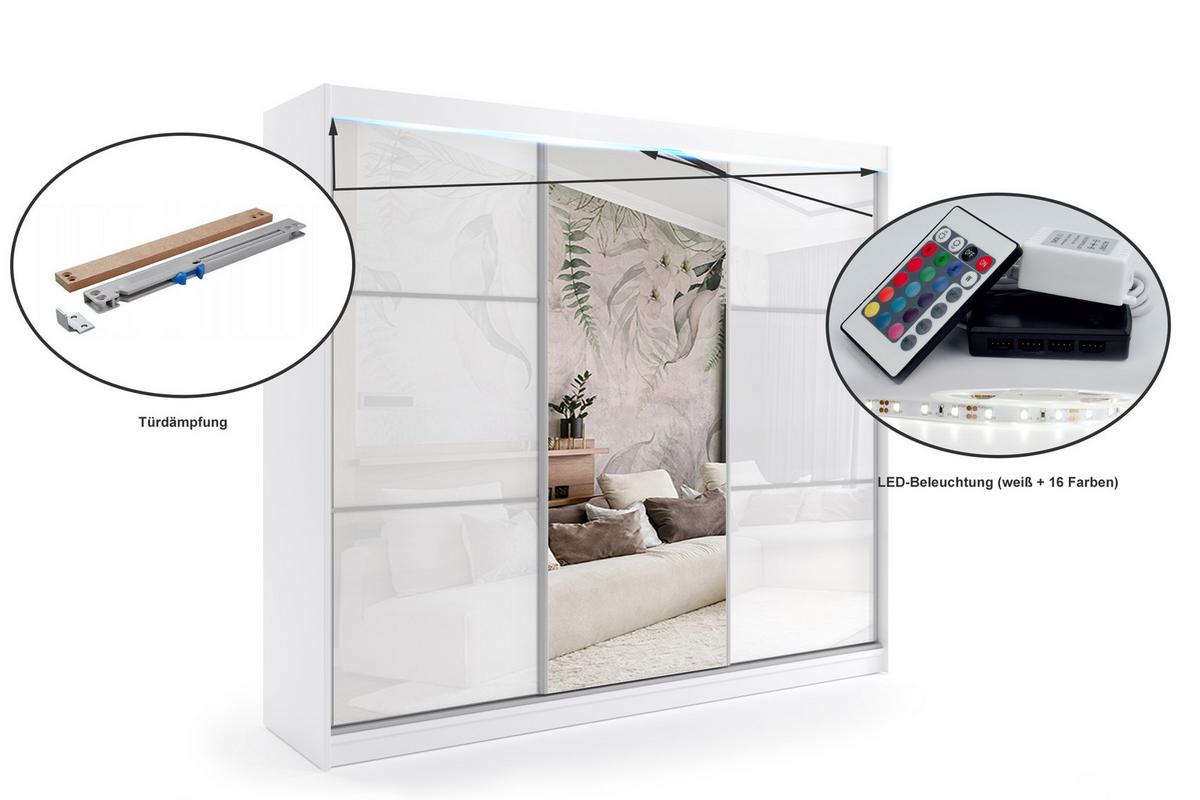 KLEIDERSCHRANK mit Spiegel-Schiebetüren und Aluminium-Leisten, LED-Beleuchtung - VIVONA - 240 cm Weiß - Weiß, Holzwerkstoff (240/216/61cm) - ALTDECOR