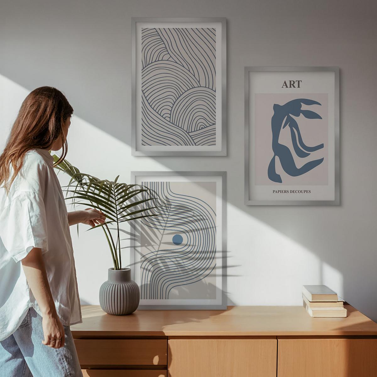BILDER SET 3er Set - 40x60 cm Silberner Rahmen - Abstrakte blaue Linien - Silberfarben, Kunststoff (40/60cm) - TULUP