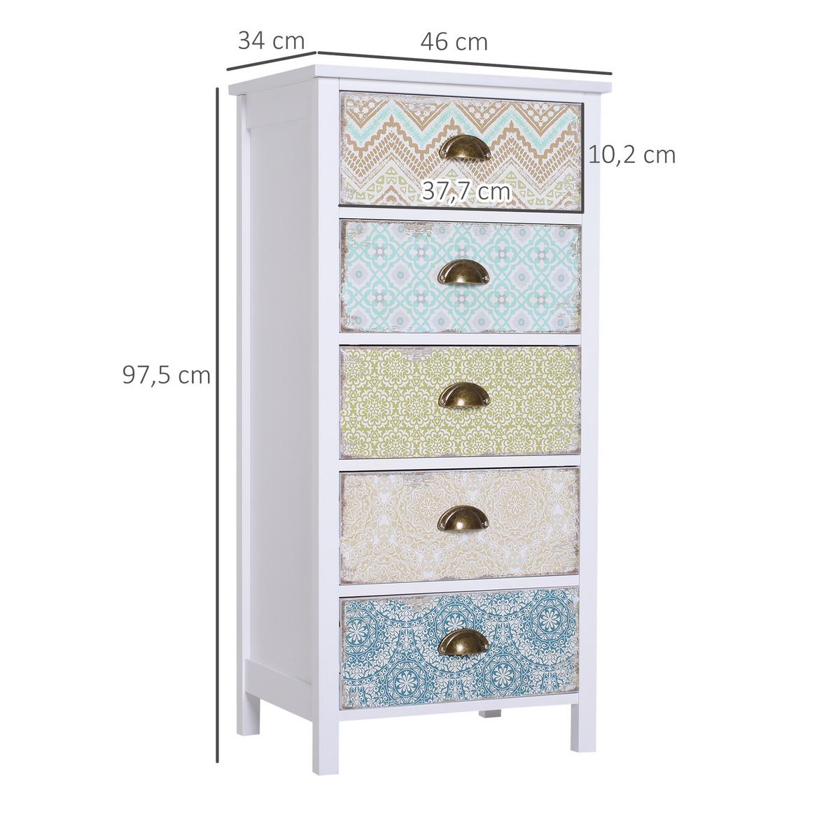 KOMMODE mit 5 Schubladen Schubladenkommode Schrank Shabby Chic Bunt - Multicolor, Metall (34/97.5/46cm) - HOMCOM