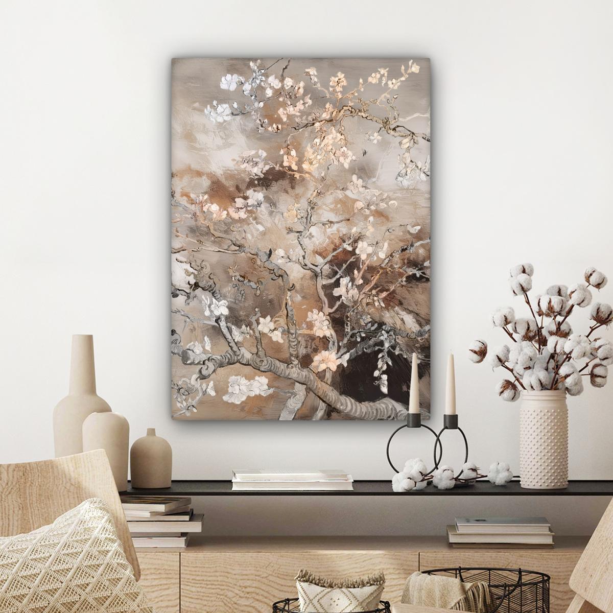 LEINWANDBILD Mandelblüte - Kunst - Van Gogh - Beige - Abstrakt Wandbild Wohnzimmer 60x80 cm - Braun, Textil (60/80cm) - MuchoWow