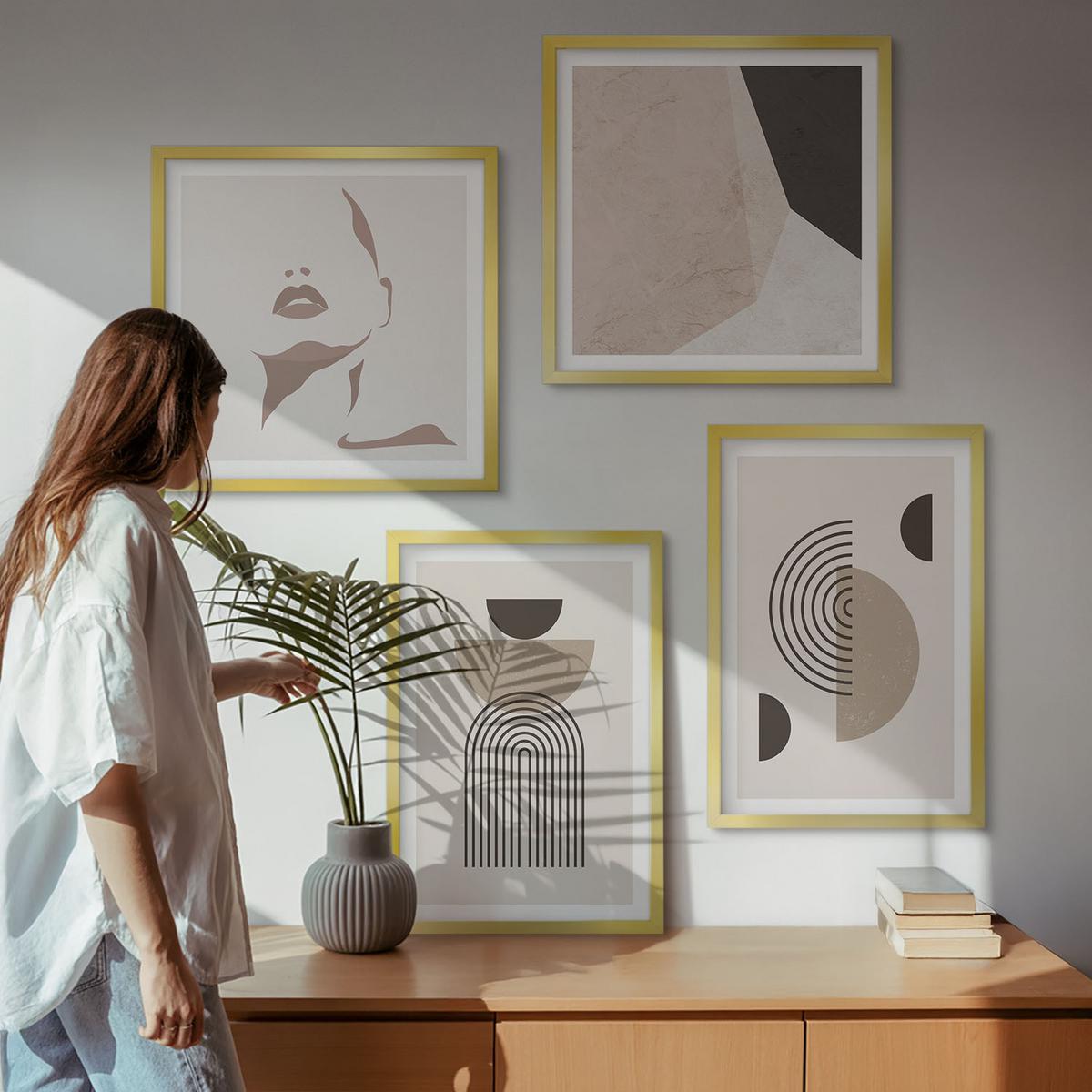 BILDER SET 4er Set - 50x50 cm & 40x60 cm Goldrahmen - Abstrakte Gesichtsformen - Goldfarben, Kunststoff (50/50cm) - TULUP