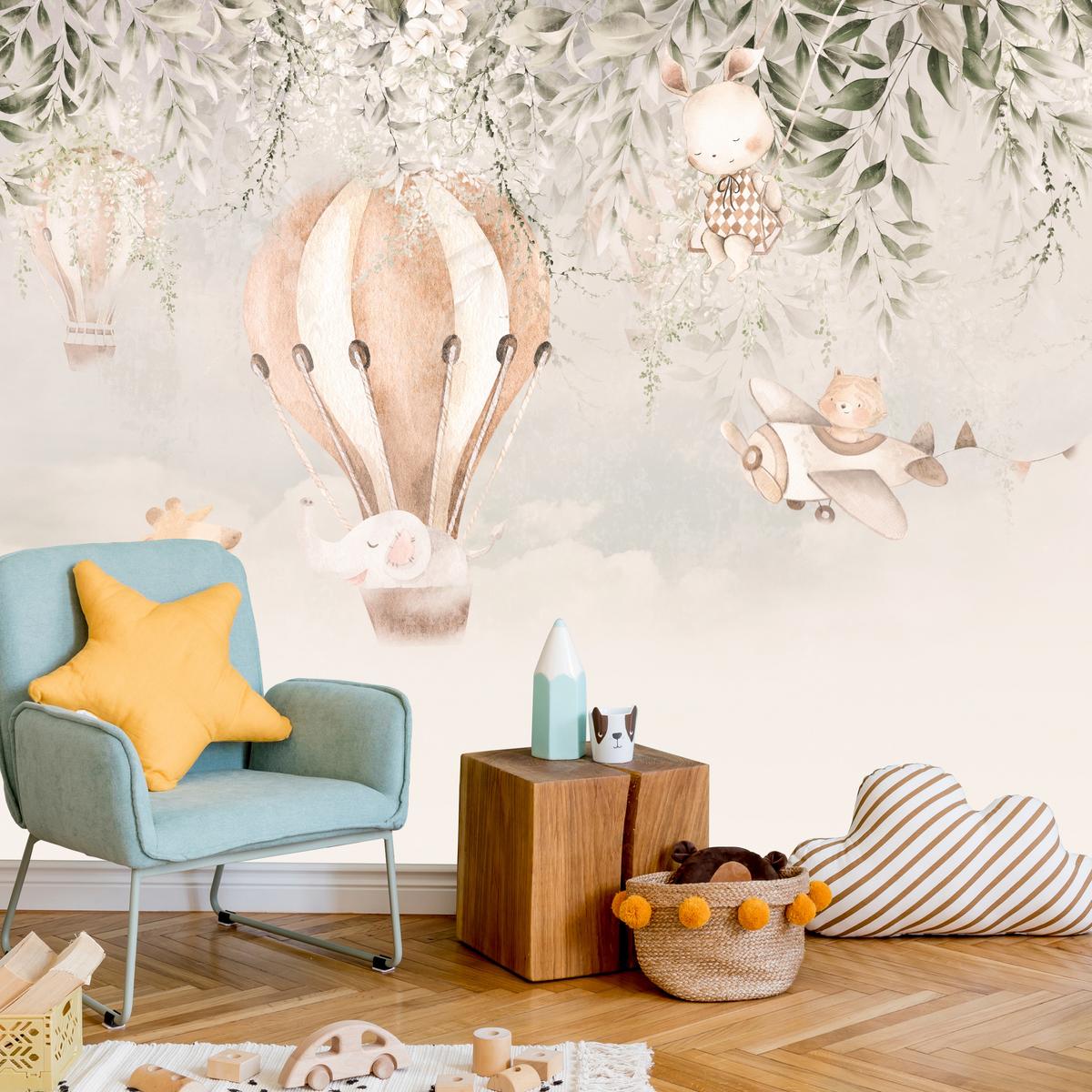 FOTOTAPETE für Kinderzimmer Tiere Wolken Ballons Giraffe Sonne 450x315 - Beige/Braun, Papier (450/315cm) - Muralo