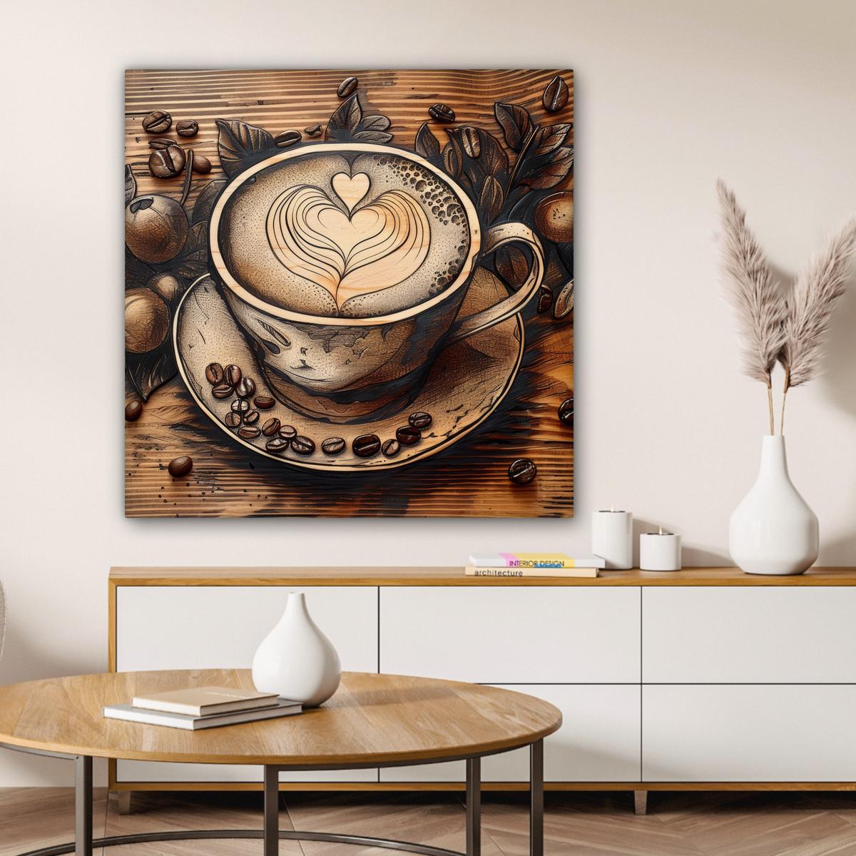 LEINWANDBILD Kaffee - Vintage - Braun - Tasse - Holz Deko Groß 90x90 cm - Braun, Textil (90/90cm) - MuchoWow