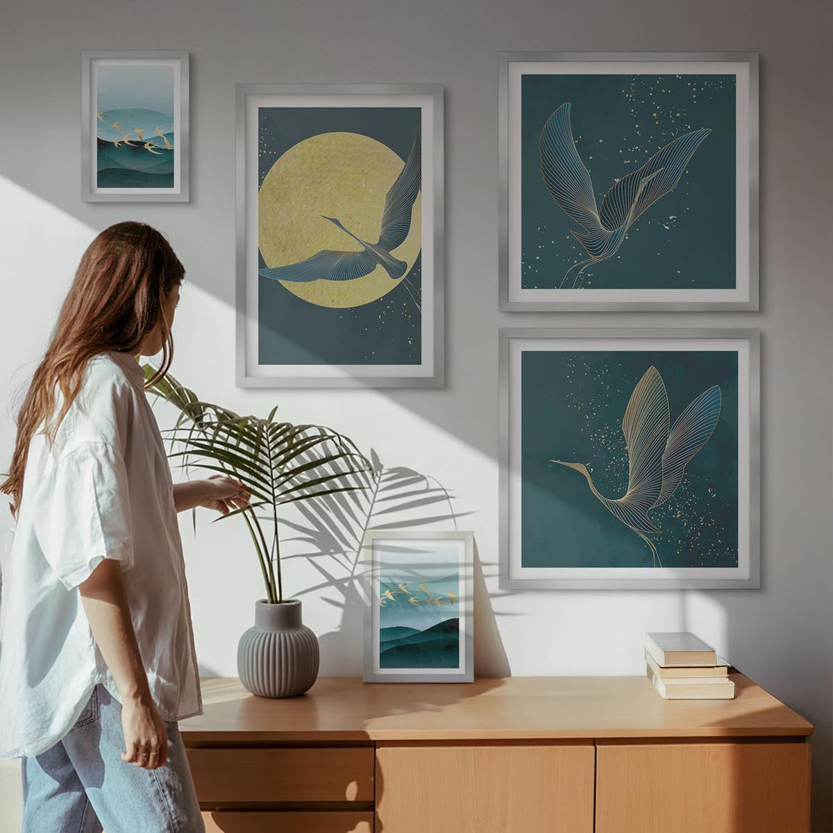 BILDER SET 5er Set - 50x50 cm & 20x30 cm & 40x60 cm Silberner Rahmen - Abstrakte Landschaften von Vogelwellen - Silberfarben, Kunststoff (40/60cm) - TULUP