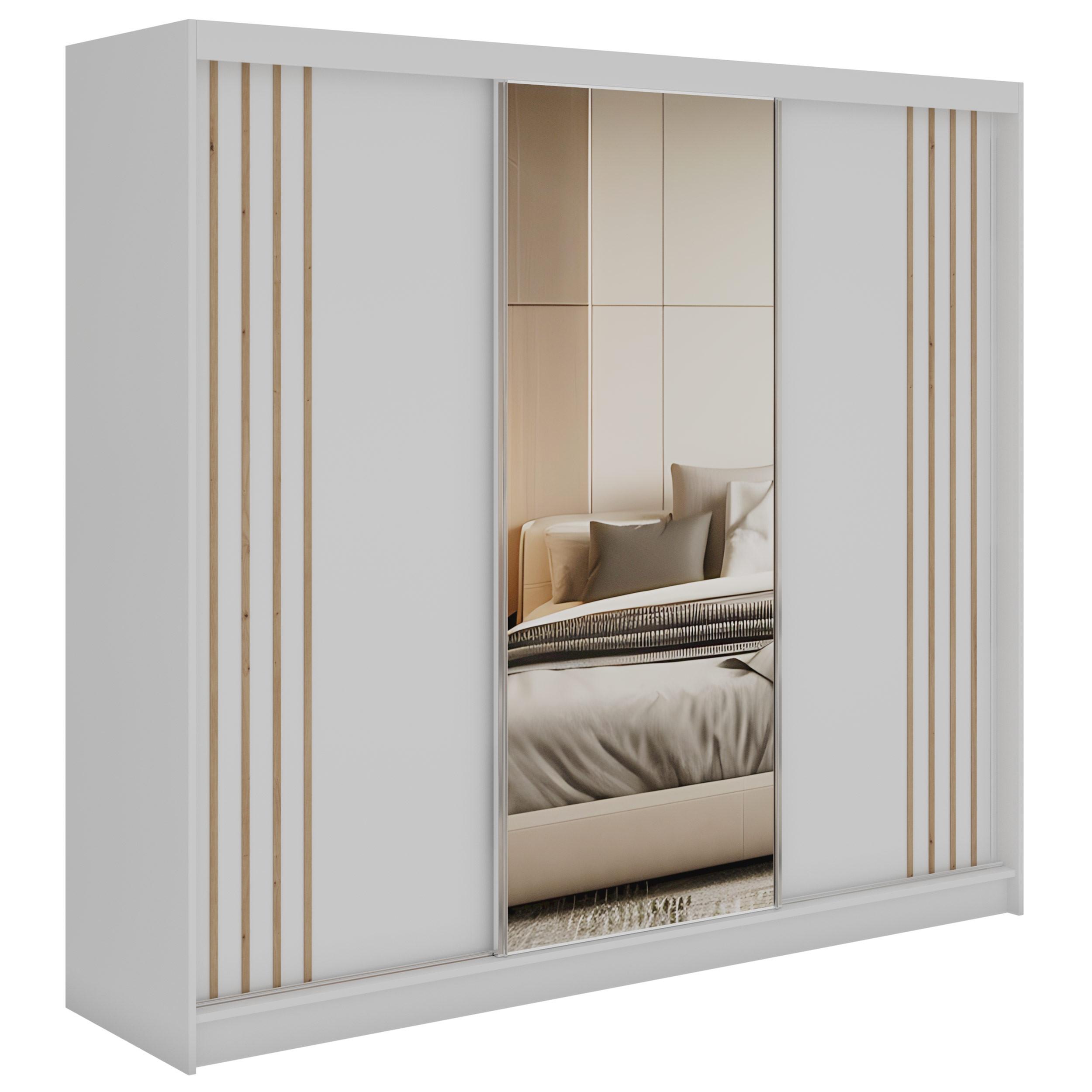 SCHWEBETÜRENSCHRANK mit Lamellen, Spiegel und Schubladen DIANA - 240 - Weiß und Eiche Artisan - Alufarben/Weiß, Holzwerkstoff/Metall (240/216/61cm) - MKS