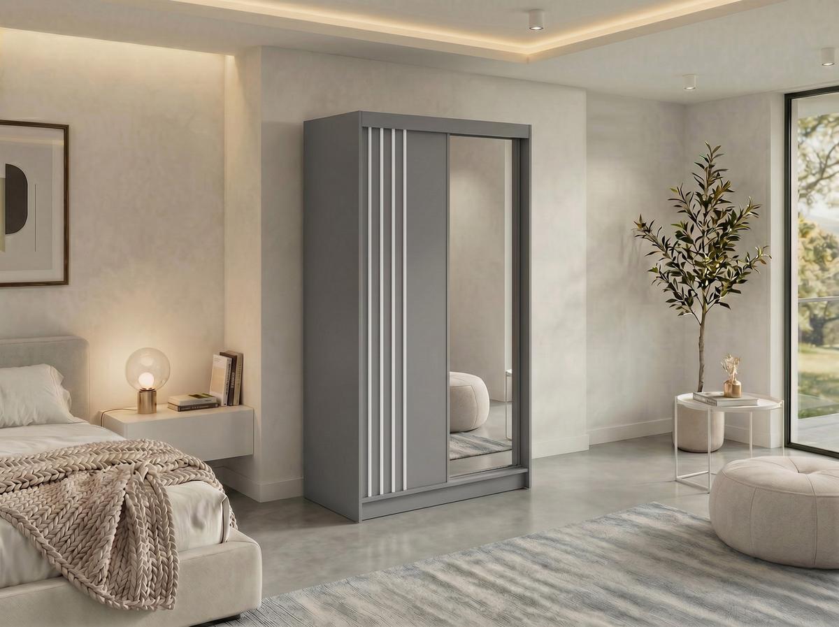 SCHWEBETÜRENSCHRANK mit Lamellen, Spiegel und Schubladen DIANA - 120 - Grau und Weiß - Alufarben/Weiß, Holzwerkstoff/Metall (120/216/61cm) - MKS