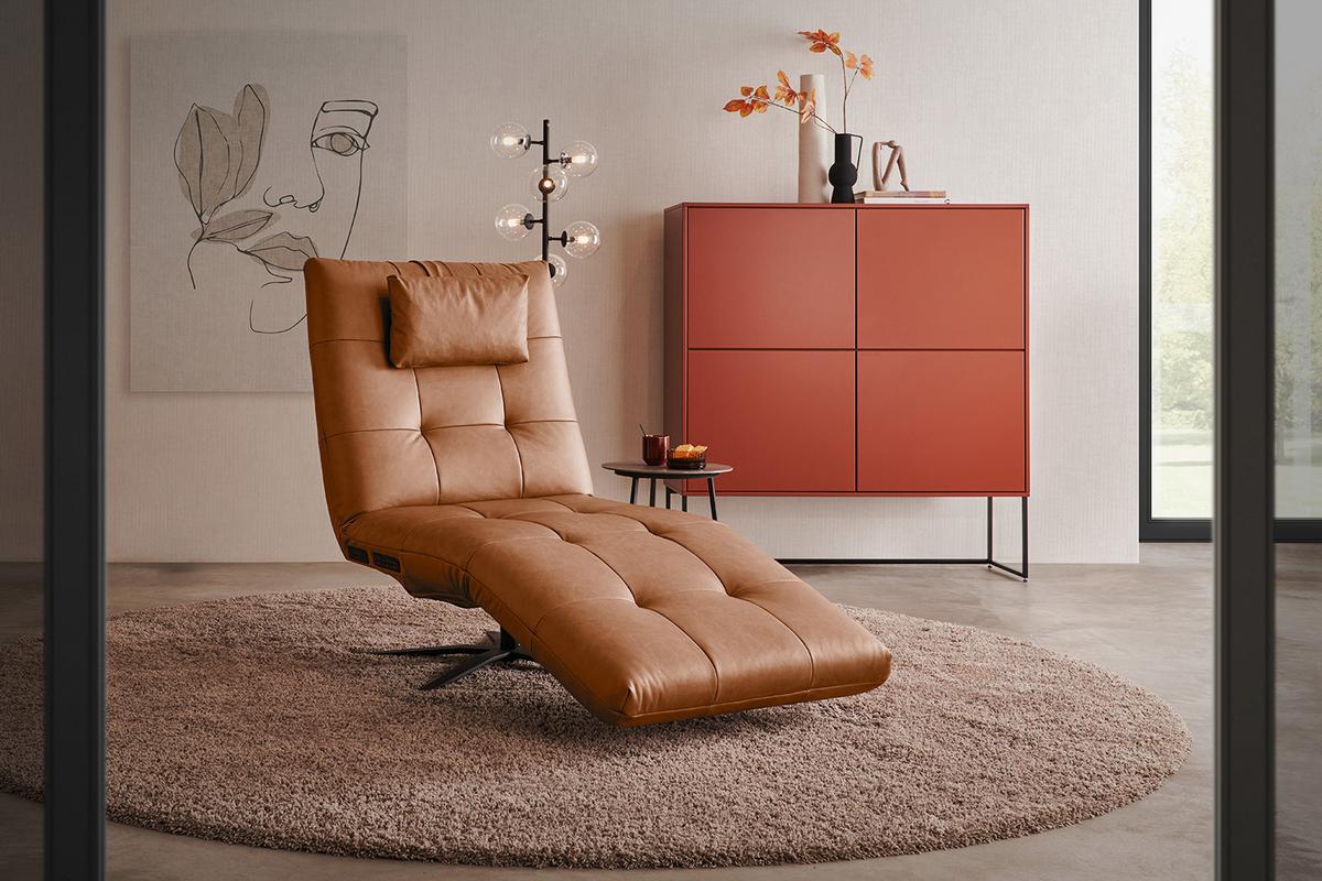 RELAXLIEGE LETICIA Braun Leder Drehbar (360°), Relaxfunktion - Schwarz/Braun, Leder/Metall (82/115/156cm) - KAWOLA