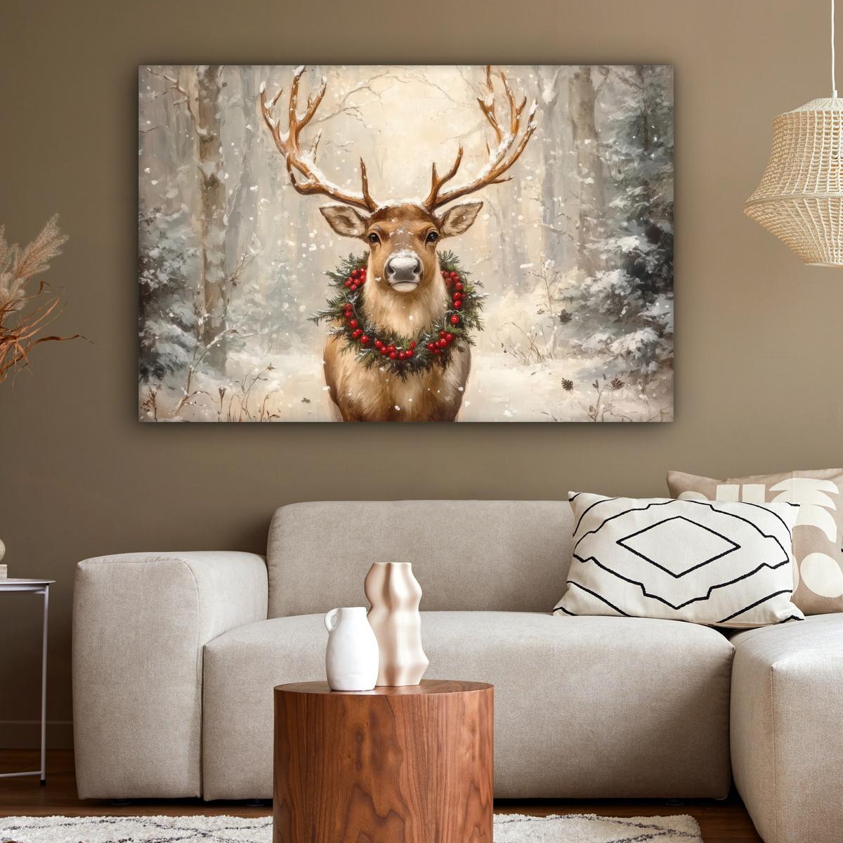 LEINWANDBILD Weihnachten - Rentier - Winter - Kranz Wohnzimmer Groß 120x80 cm - Naturfarben, Textil (120/80cm) - MuchoWow