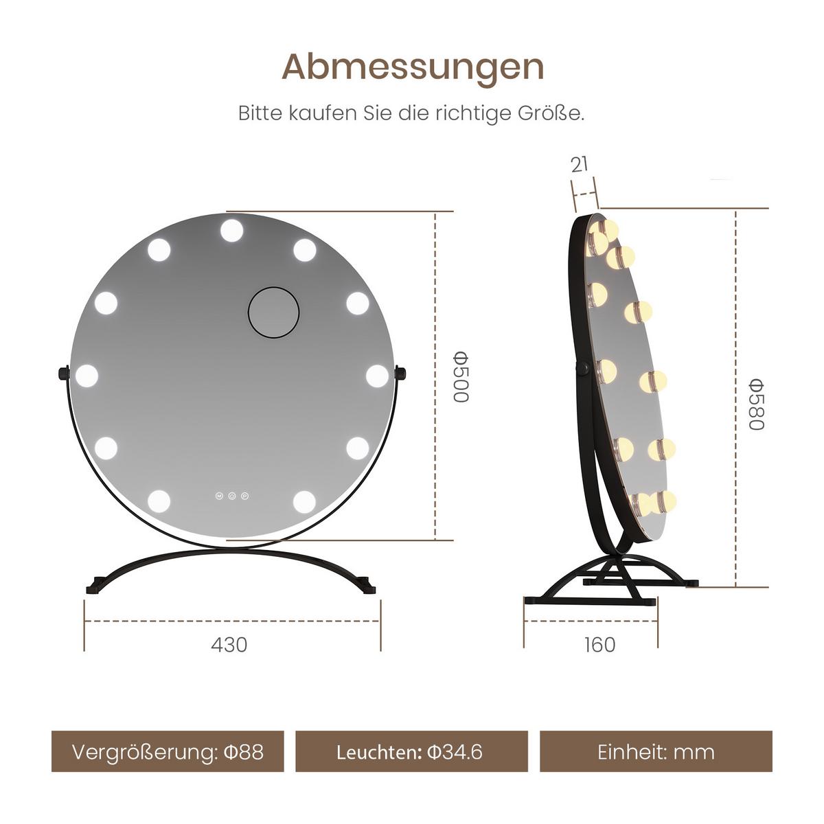 SCHMINKSPIEGEL Runder mit Beleuchtung Schwarz 58/51/2,1 cm - Schwarz, Glas/Metall (50/58/2.1cm) - EMKE