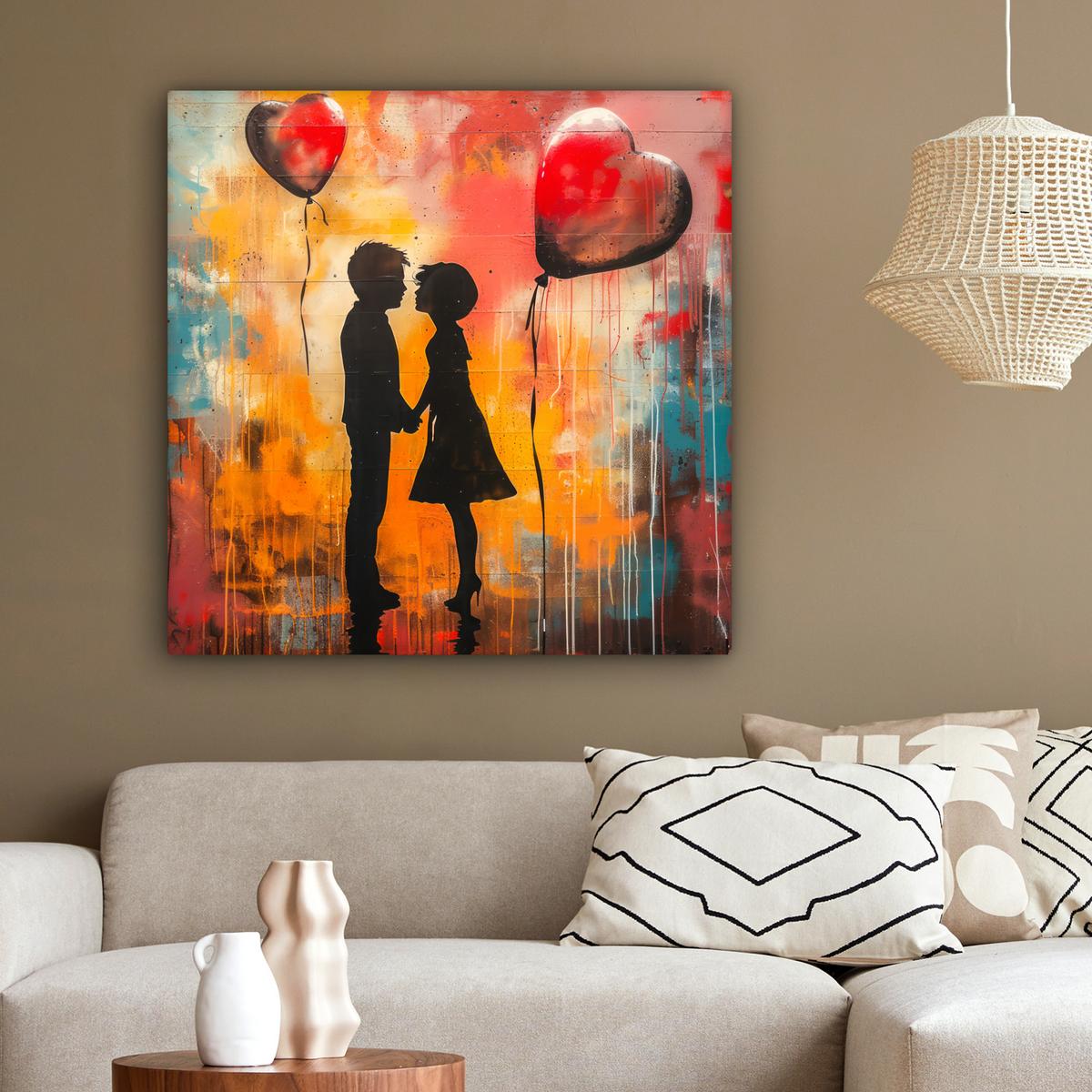 LEINWANDBILD Straßenkunst - Liebe - Graffiti - Kunst - Banksy Deko Groß 90x90 cm - Orange, Textil (90/90cm) - MuchoWow