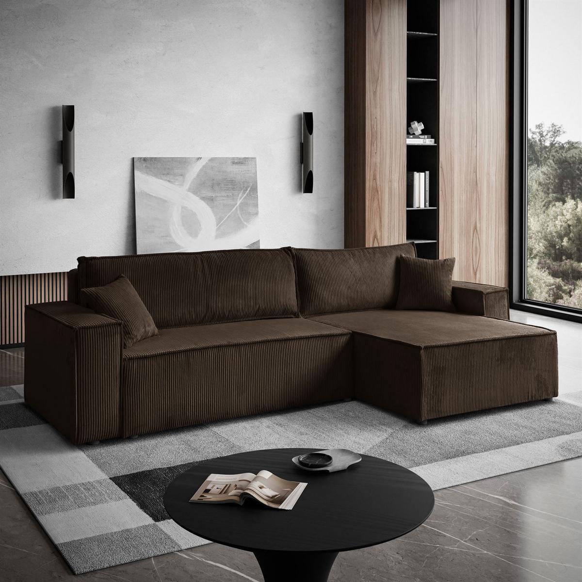 ECKSOFA Gepolstertes CARLO XL Cord mit Schlaffunktion und Bettkasten, Poso 06 - Braun, Textil (277/143cm) - Lookway