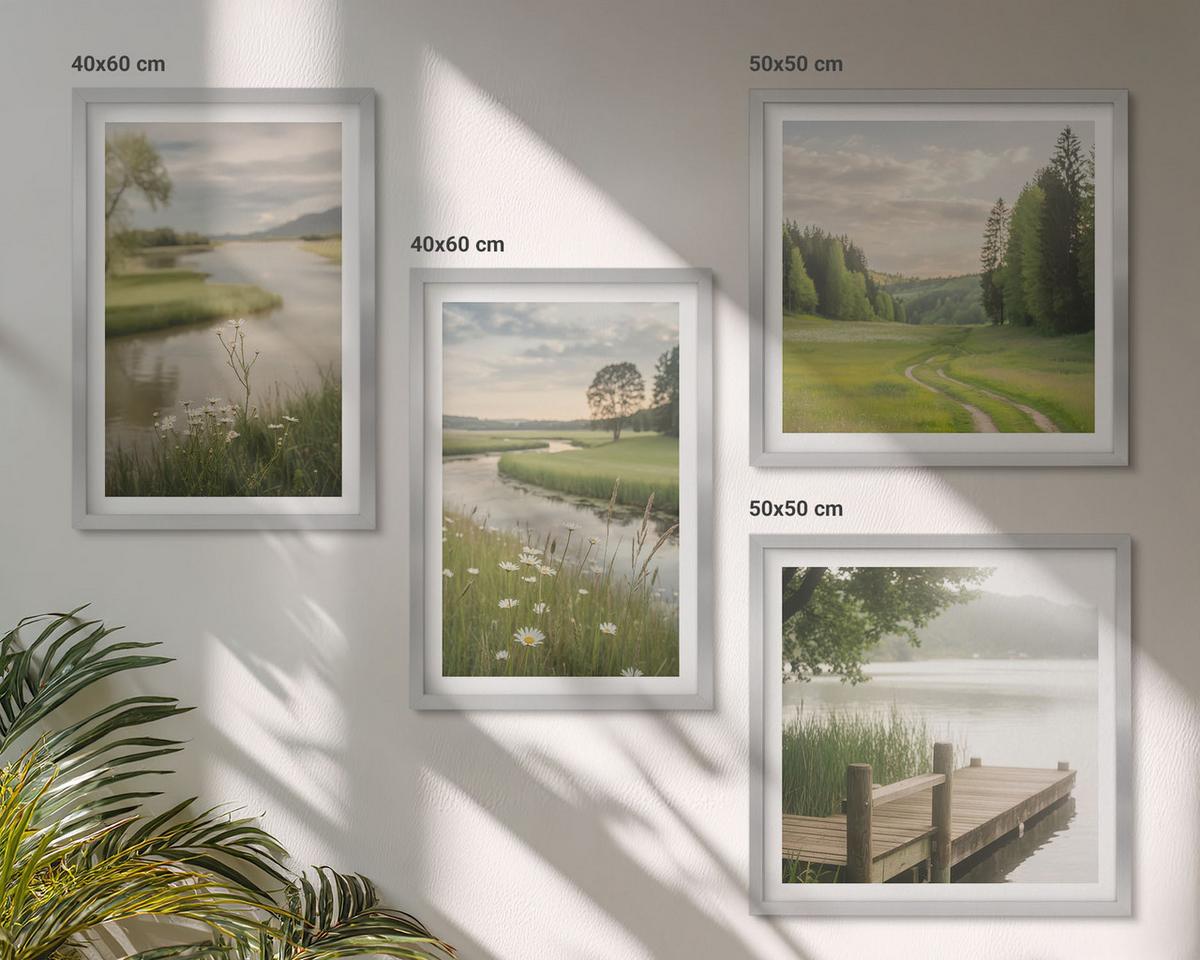 BILDER SET 4er Set - 50x50 cm & 40x60 cm Silberner Rahmen - Sommerlandschaften Flusswiese - Silberfarben, Kunststoff (50/50cm) - TULUP