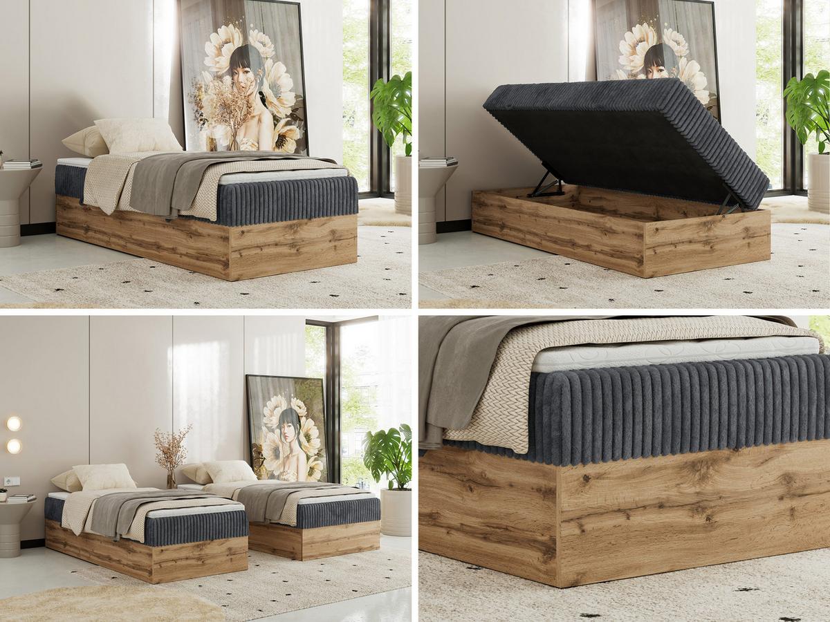 BOXBETT WOOD ZERO 90/200 - Grau Cord - H3 - Topper Visco - Grau, Textil (90/200cm) - MKS