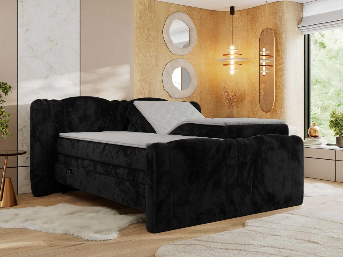 BOXBETT FORTINA 160/200 - Schwarz Plüsch - H4 - Schwarz, Holz/Textil (160/200cm) - MKS