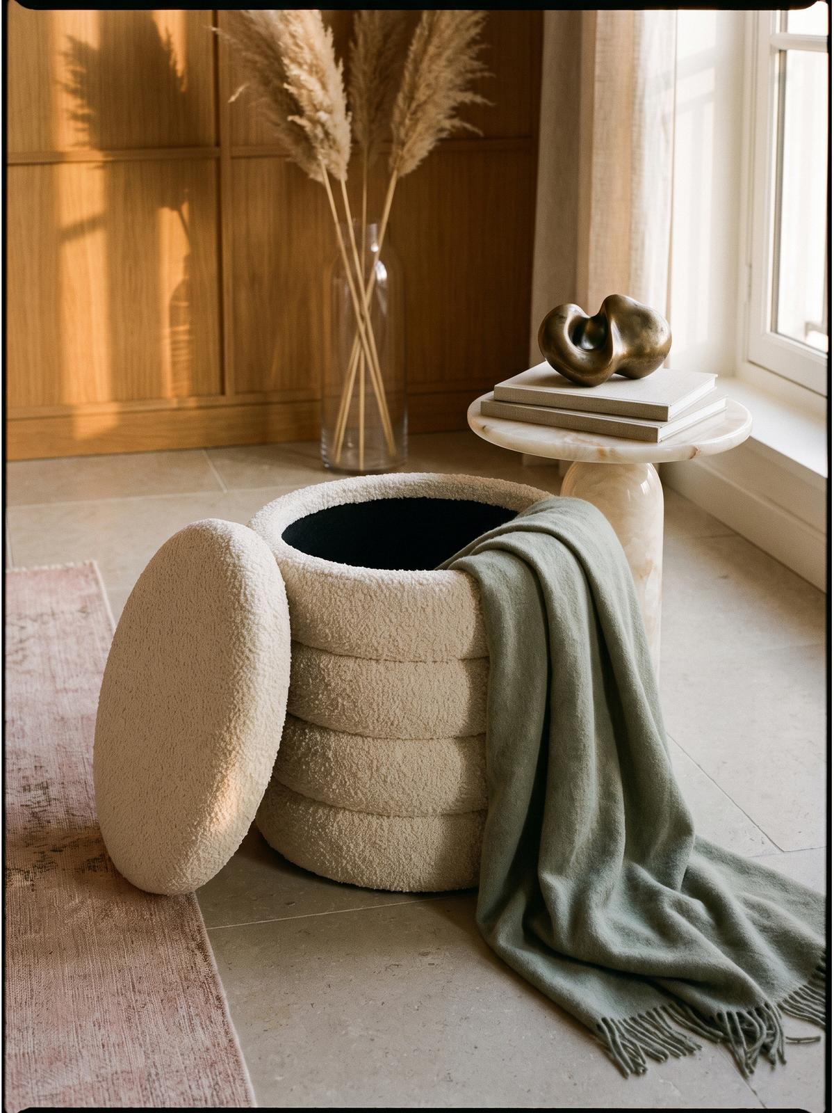 SITZHOCKER RHONE, Teddystoff, mit Textilbezug, Creme, Ø 40 x 45 cm - Beige/Creme, Textil (40/45/40cm) - KADIMA DESIGN