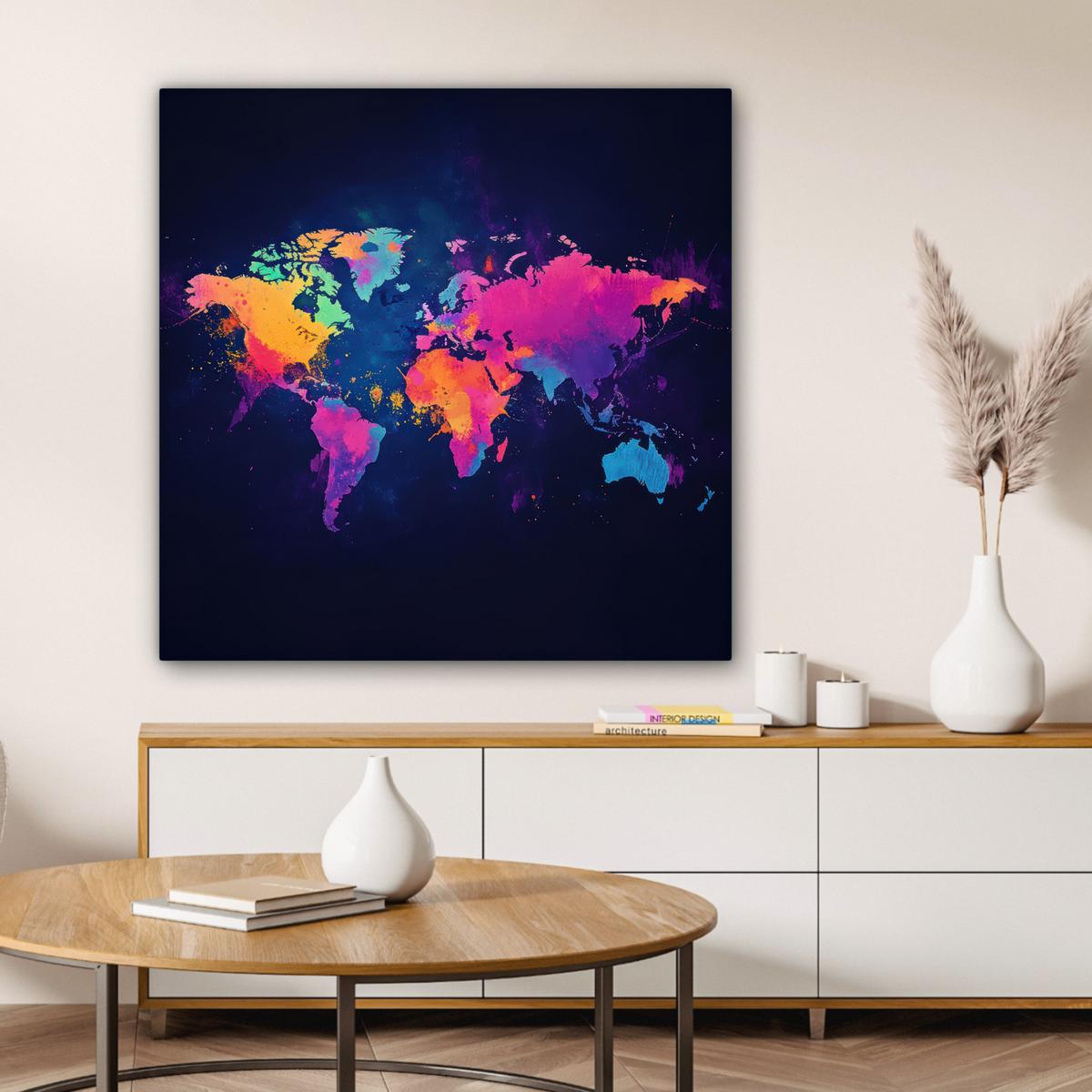 LEINWANDBILD Weltkarte - Bunt - Graffiti Deko Groß 90x90 cm - Multicolor, Textil (90/90cm) - MuchoWow