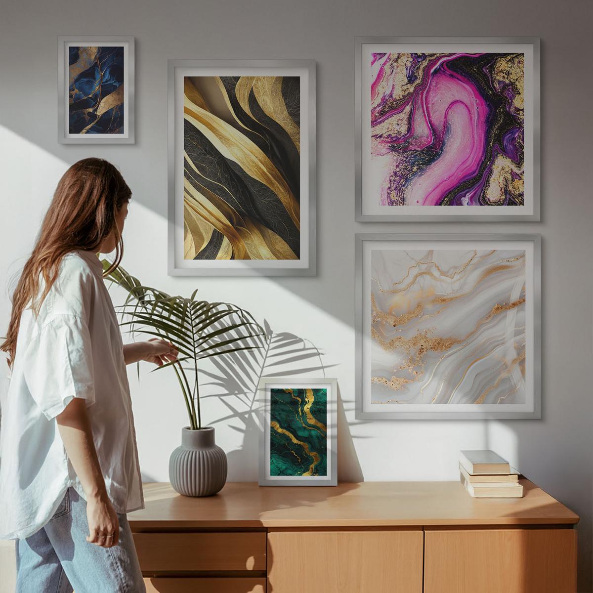 BILDER SET 5er Set - 50x50 cm & 20x30 cm & 40x60 cm Silberner Rahmen - Abstrakter Marmor mit Farben - Silberfarben, Kunststoff (40/60cm) - TULUP