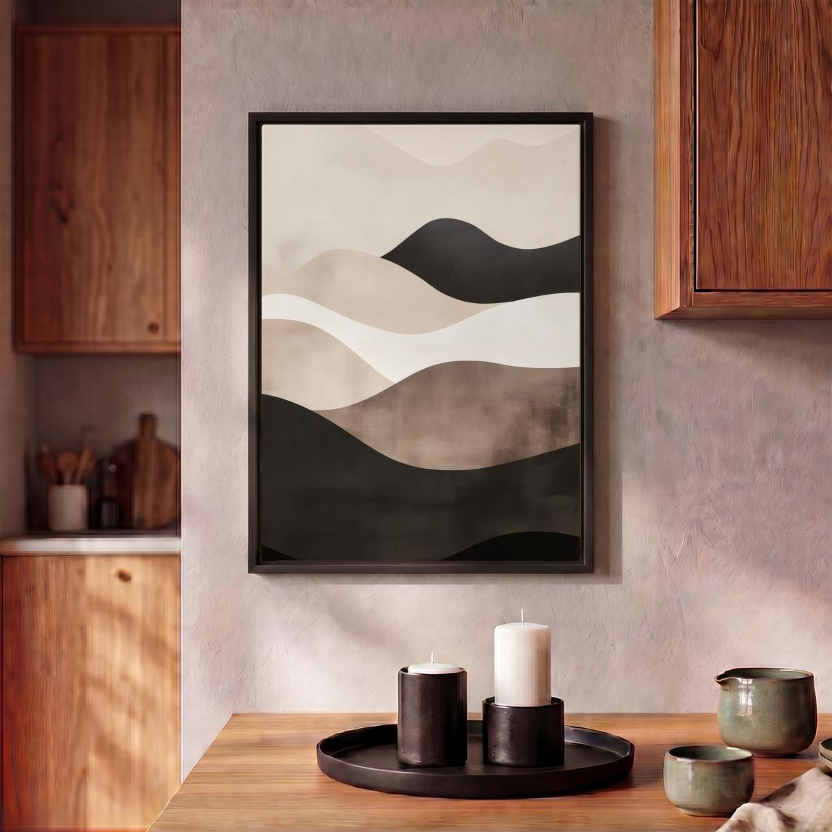 LEINWAND Bilder mit Rahmen - Abstrakt - Landschaft - Wellen - Cremefarben - 30x40 - Cappuccino, Textil (30/40cm) - MuchoWow