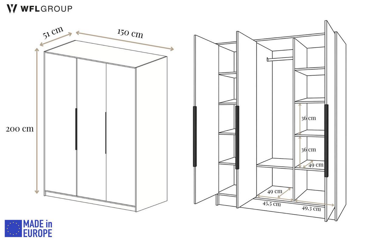 KLEIDERSCHRANK Mono Bis im Skandi-Stil, Drehtüren mit Schwarze Metallgriffe, Weiß 150/200/51 cm - Weiß, Holzwerkstoff (150/200/51cm) - WFL GROUP