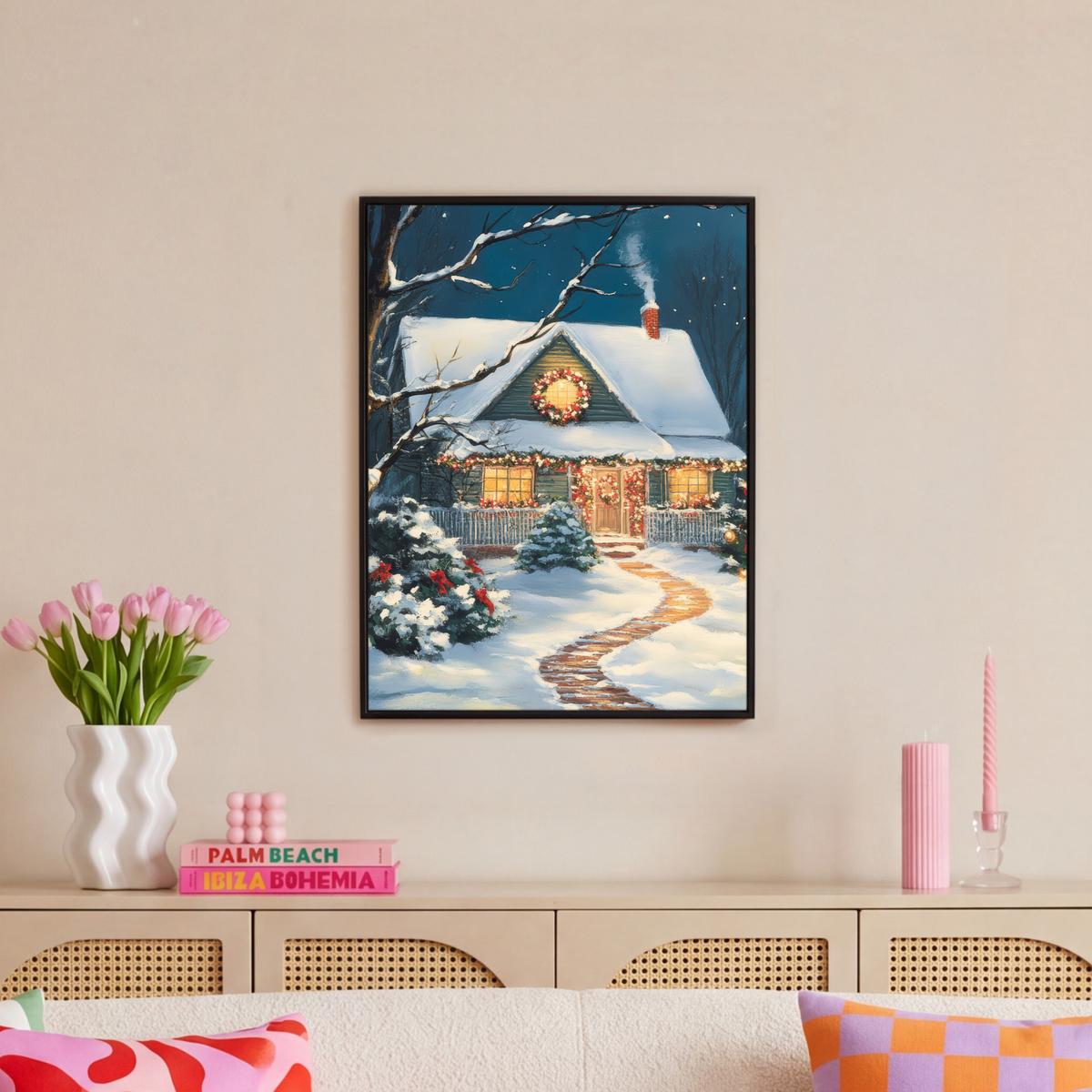 LEINWAND Bilder mit Rahmen - Weihnachten - Weihnachtsbaum - Winter - Zuhause - Schnee - 50x70 - Smaragdgrün, Textil (50/70cm) - MuchoWow