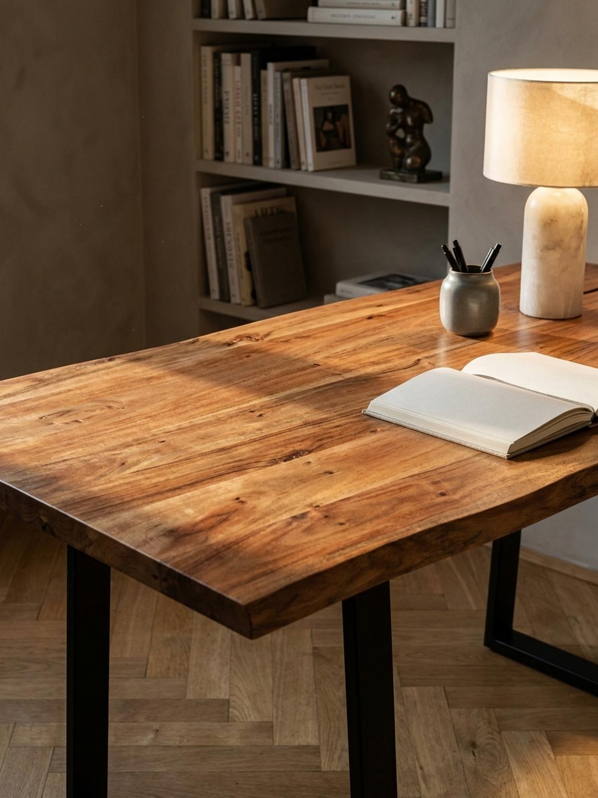 SCHREIBTISCH Massivholz Baumkante Handgefertigt Akazie TARN, Goldbraun-Schwarz 140x80x76 cm - Schwarz/Braun, Holz/Metall (80/140/76cm) - KADIMA DESIGN
