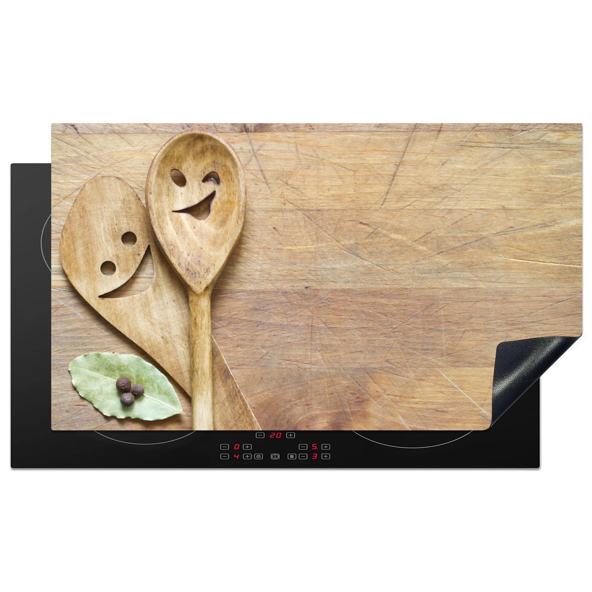 HERDABDECKPLATTE Holz - Löffel - Braun - Smiley Induktionsschutz 91.2x52 cm - Hellbraun, Kunststoff (91.2/52/0.2cm) - MuchoWow