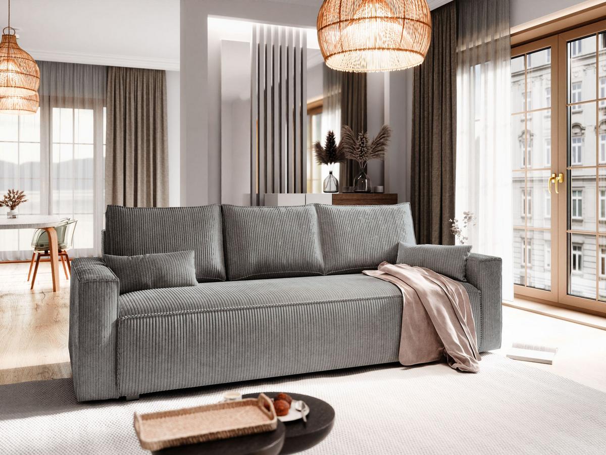 BETTSOFA MENI Grau Kordstoff mit Schlaffunktion - Grau, Textil (232/83/87cm) - MASSENO