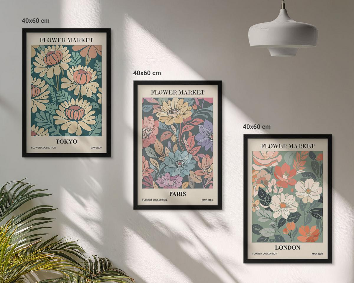 BILDER SET 3er Set - 40x60 cm Schwarzer Rahmen - Blumenposter Tokio Paris London - Schwarz, Kunststoff (40/60cm) - TULUP
