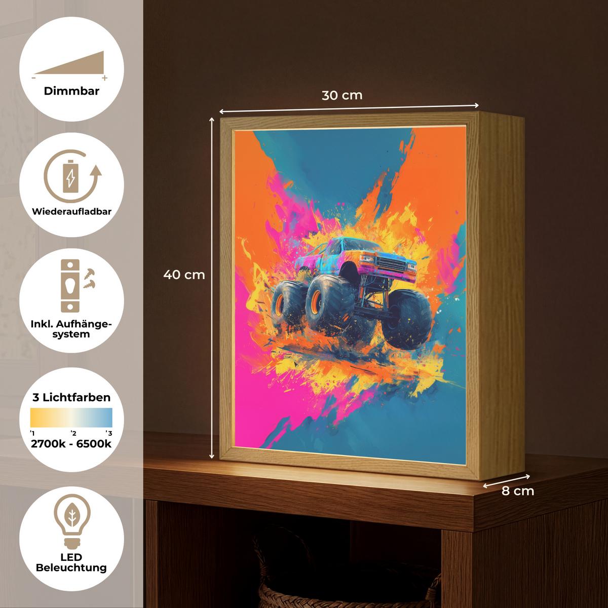 WANDLEUCHTE MIT AKKU Monstertruck - Abstrakt - Farbspritzer - Farbenfroh 30x40 cm - Pink, Holzwerkstoff (30/40/8cm) - OnlyWow