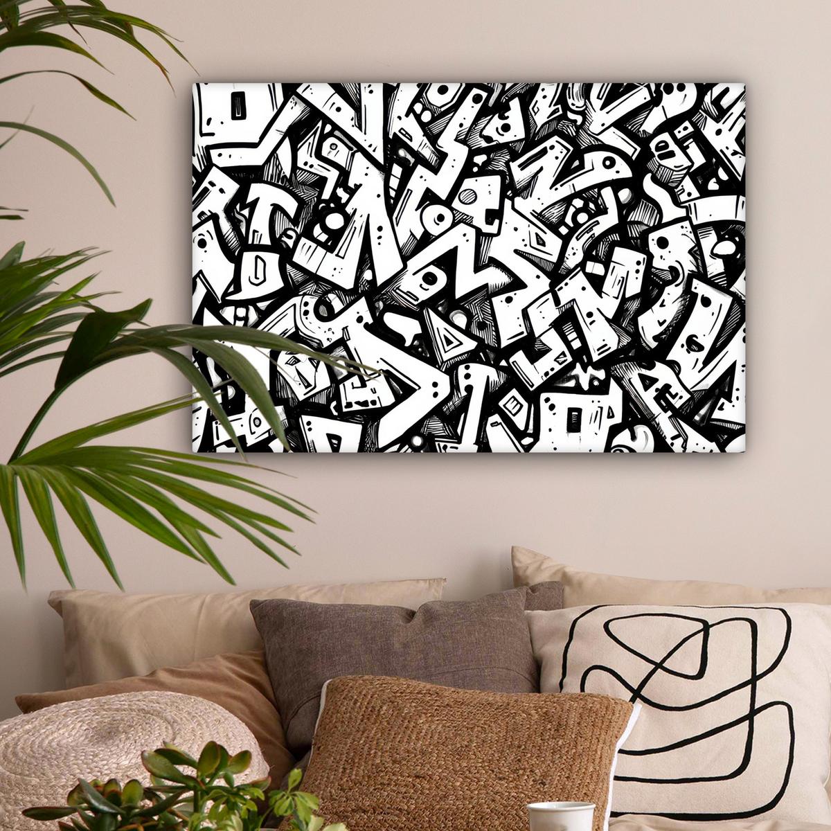LEINWANDBILD Formen - Buchstaben - Graffiti - Schwarz Wanddeko 90x60 cm - Schwarz, Textil (90/60cm) - MuchoWow