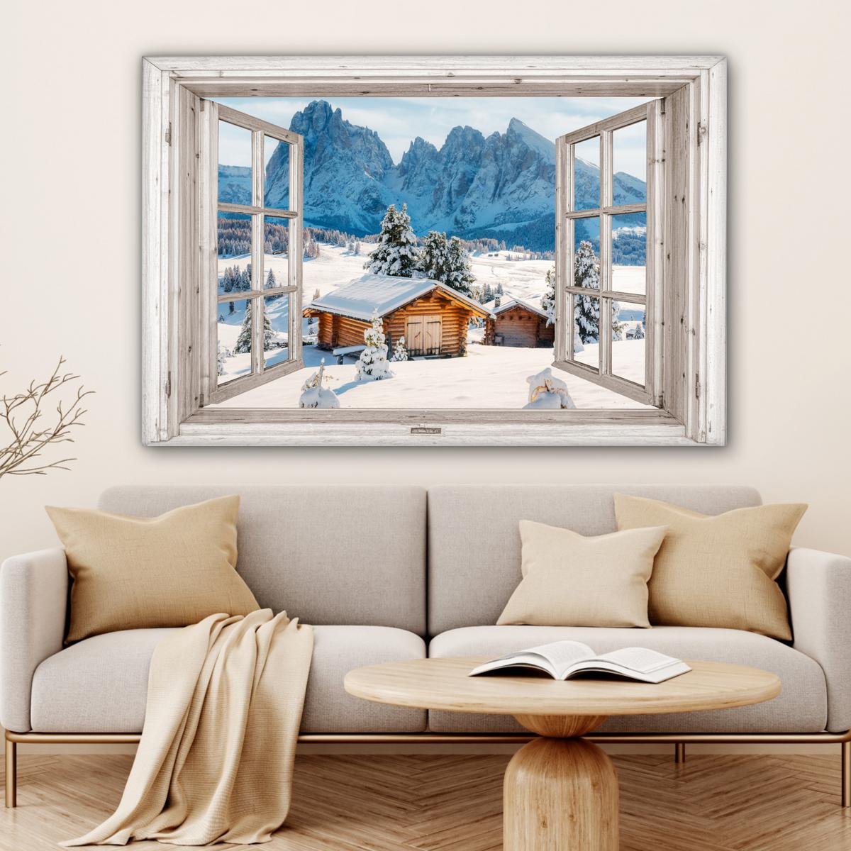 LEINWANDBILD Winterlandschaft - Hütte - Berge - Ausblicke - Aussicht - Natur XXL 150x100 cm - Weiß Hochglanz, Textil (150/100cm) - MuchoWow