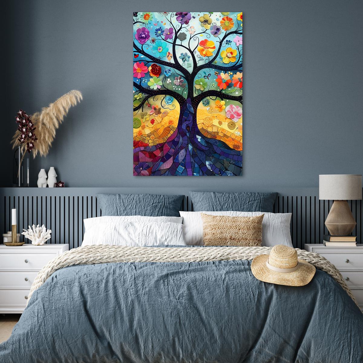 POSTER Kunst - Baum des Lebens - Blumen - Hippie Wandbild Schlafzimmer 80x120 cm - Dunkelblau, Papier (80/120/0.1cm) - MuchoWow