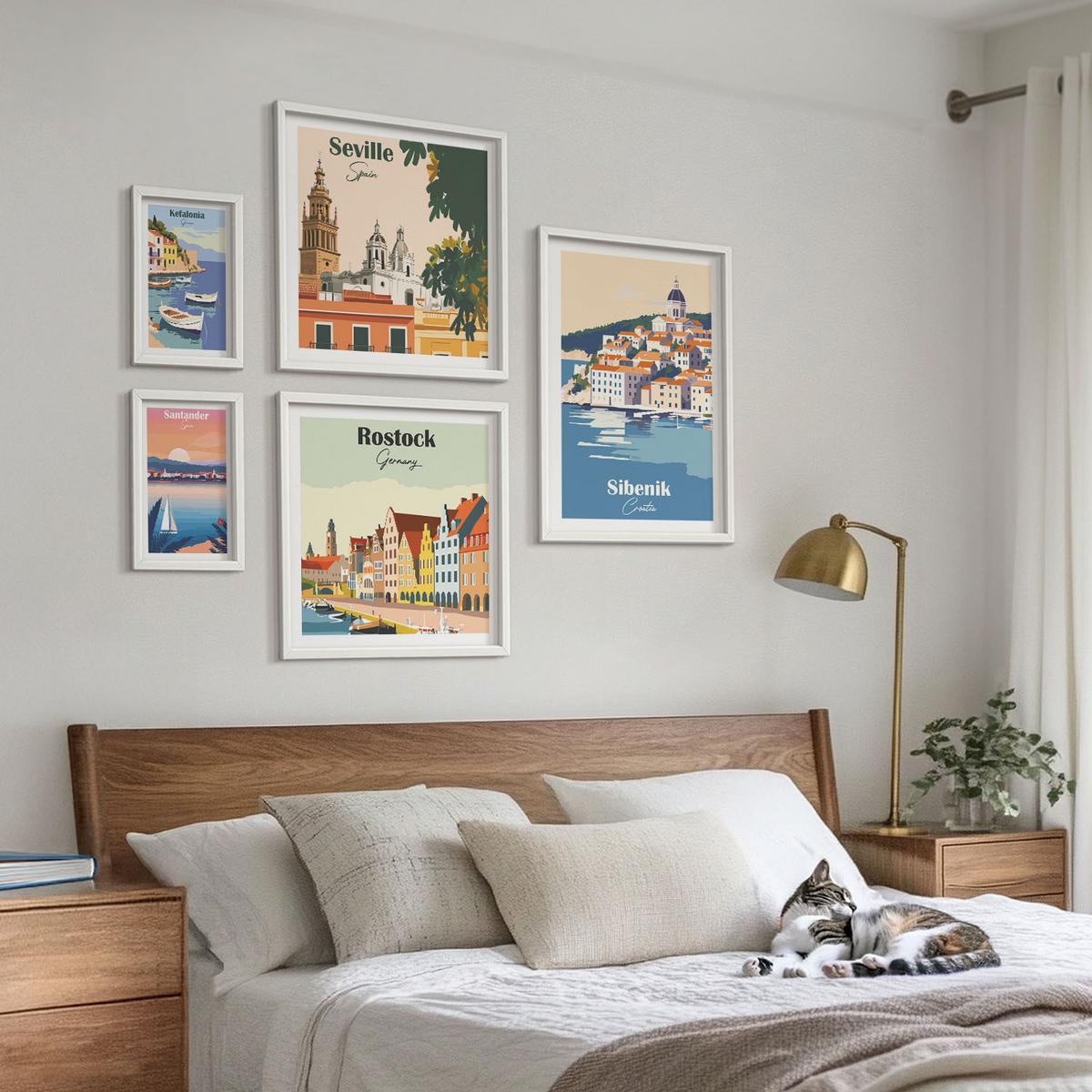 BILDER SET 5er Set - 50x50 cm & 20x30 cm & 40x60 cm Weißer Rahmen - Berglandschaften und Städte - Weiß, Kunststoff (40/60cm) - TULUP
