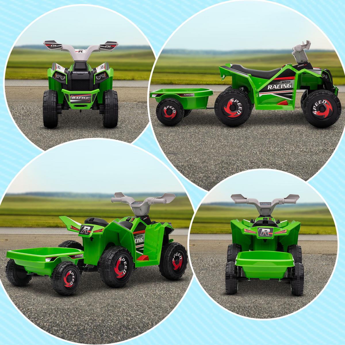 KINDERQUAD Kinder Elektro-Quad 6V Elektroauto mit Anhänger, 2,5 km/h Metall Grün - Grün, Metall (106/41.5/48.5cm) - HOMCOM
