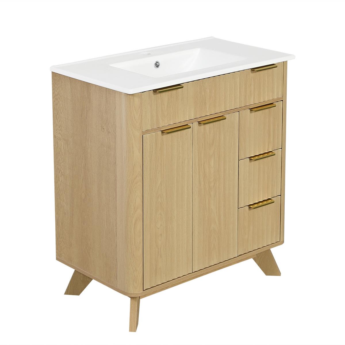 WASCHTISCHUNTERSCHRANK Holzoptik Wellenmuster 3 Schubladen & Doppeltüren - Naturfarben, Holzwerkstoff (81/90/47cm) - Urban Meuble