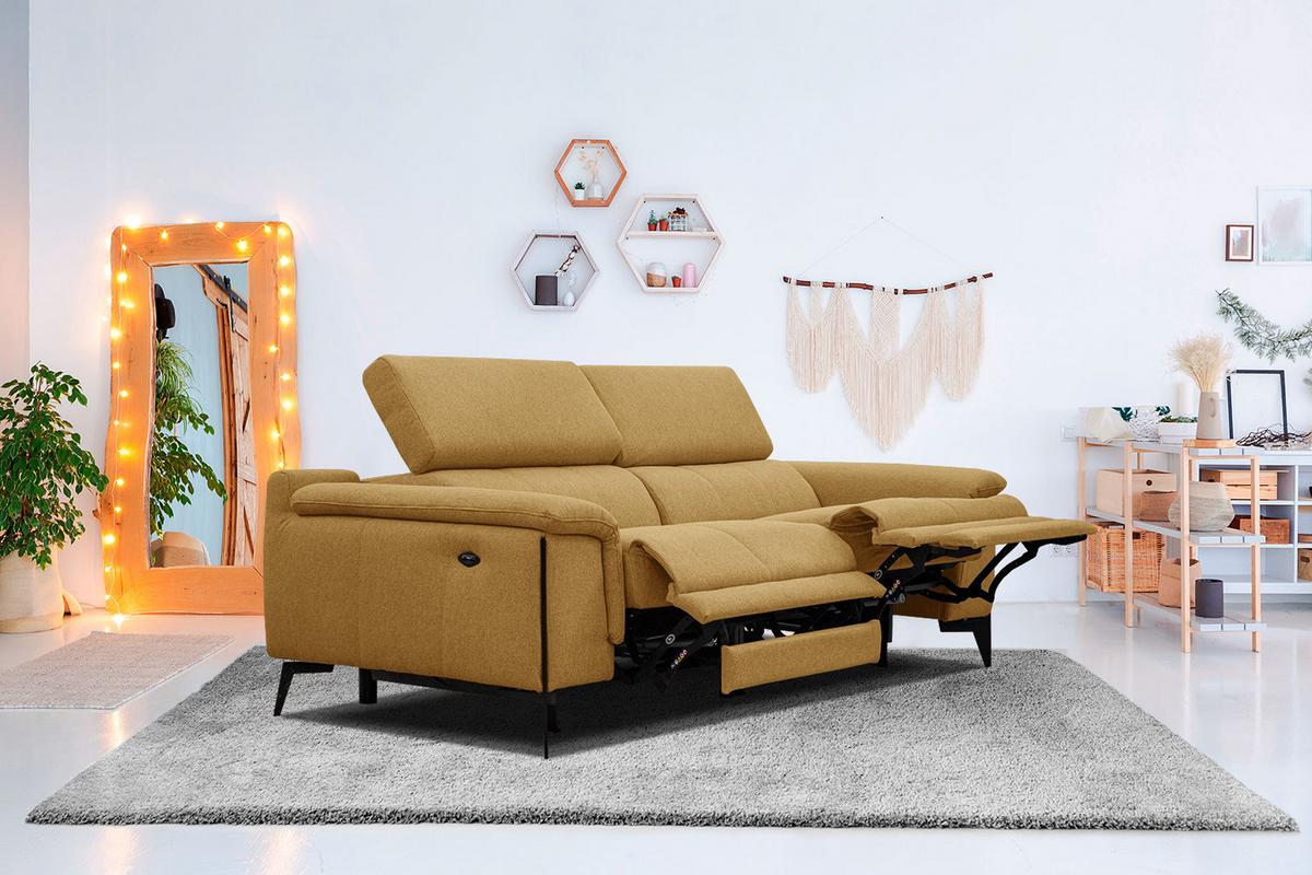 RELAXSOFA MATERA 3-Sitzer mit 2 Relaxfunktionen, dunkelgelb - Dunkelgelb/Schwarz, Holzwerkstoff/Textil (212/82/103cm) - Wozimo