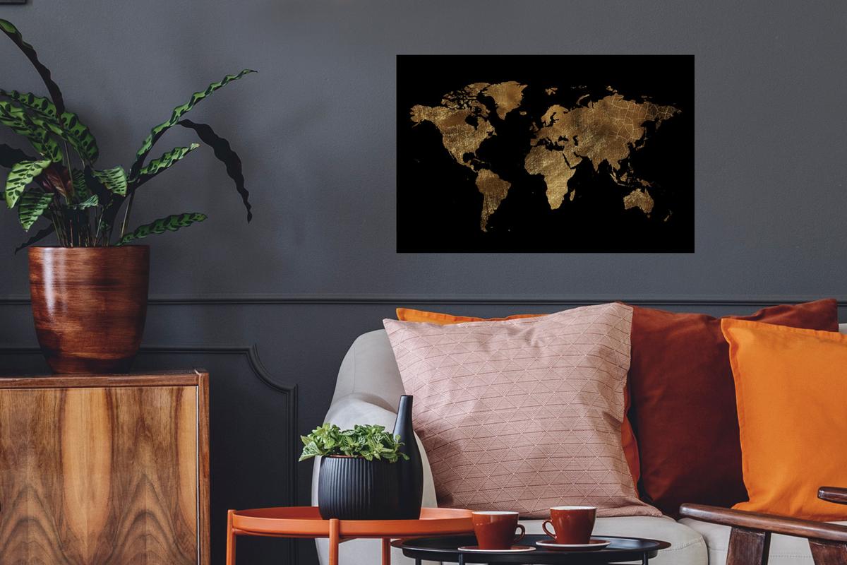 WANDTATTOO Weltkarte - Gold - Luxus - Erde - Schwarz Deko Wohnzimmer 60x40 cm - Goldfarben, Kunststoff (60/40/0.1cm) - MuchoWow