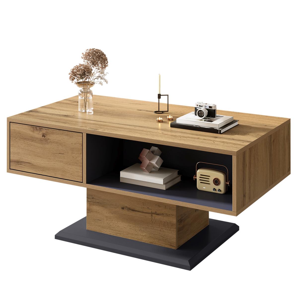 COUCHTISCH in Eiche-Optik & Grau Mit Klappfach & beidseitigem Stauraum - Grau, Holzwerkstoff (50/100/46.5cm) - Urban Meuble