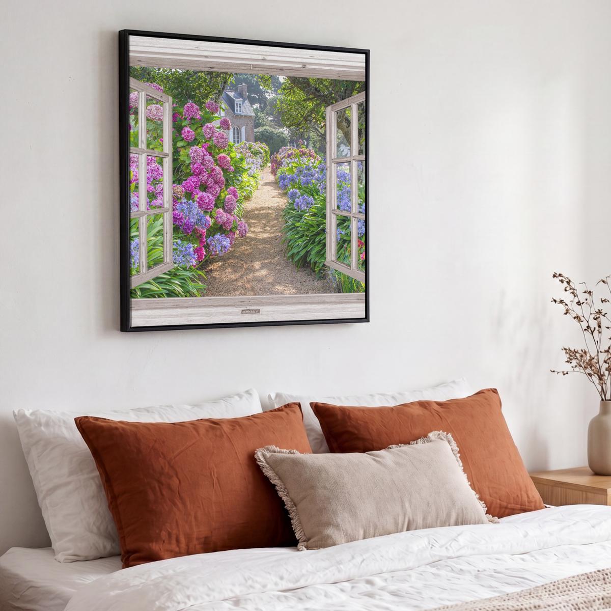 LEINWAND Bilder mit Rahmen - Hortensie - Durchsichtig - Blumen - Sommer - Lila - Weg - 50x50 - Lila, Textil (50/50cm) - MuchoWow
