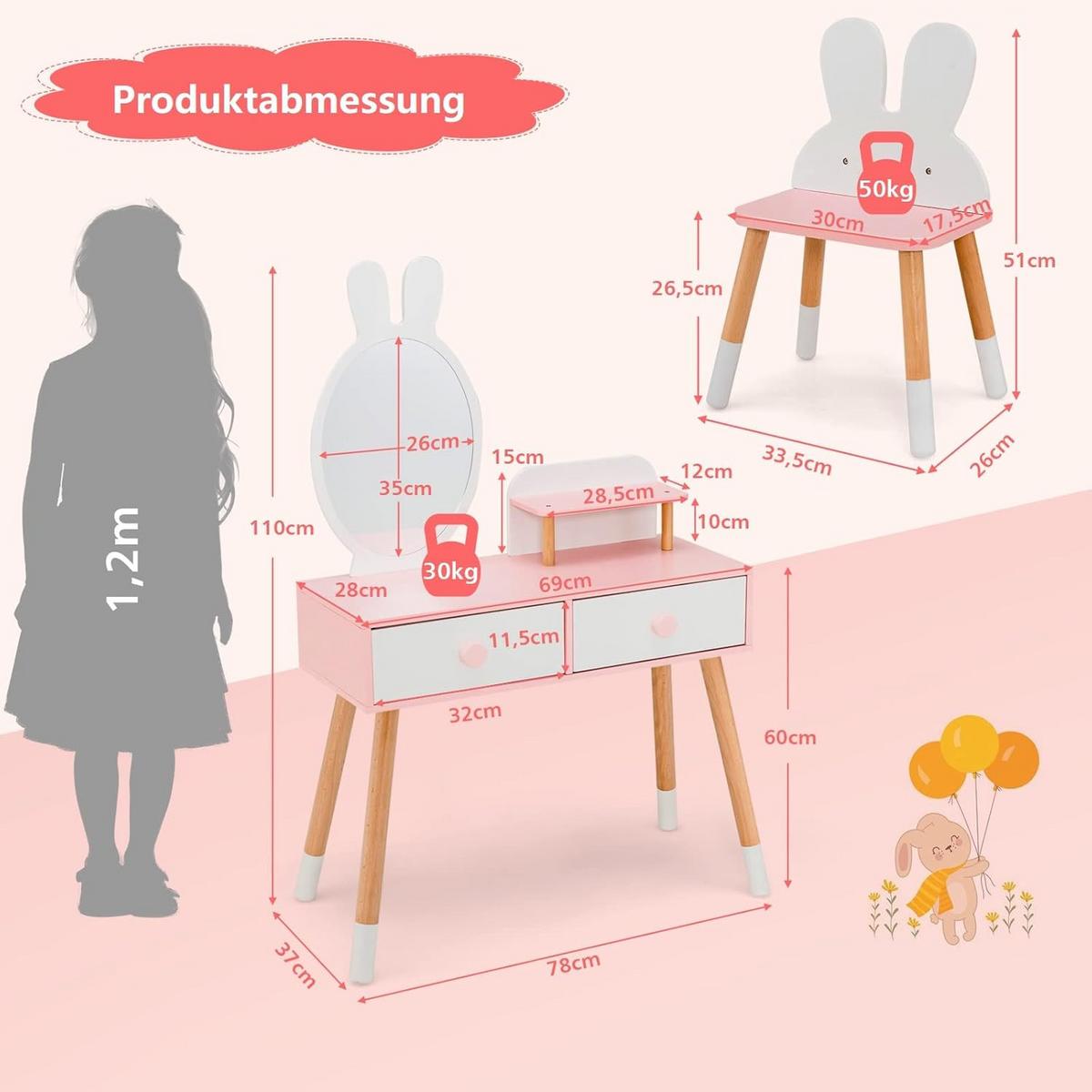 KINDER SCHMINKTISCH Set Weiß - Weiß, Holz (78/110/37cm) - COSTWAY