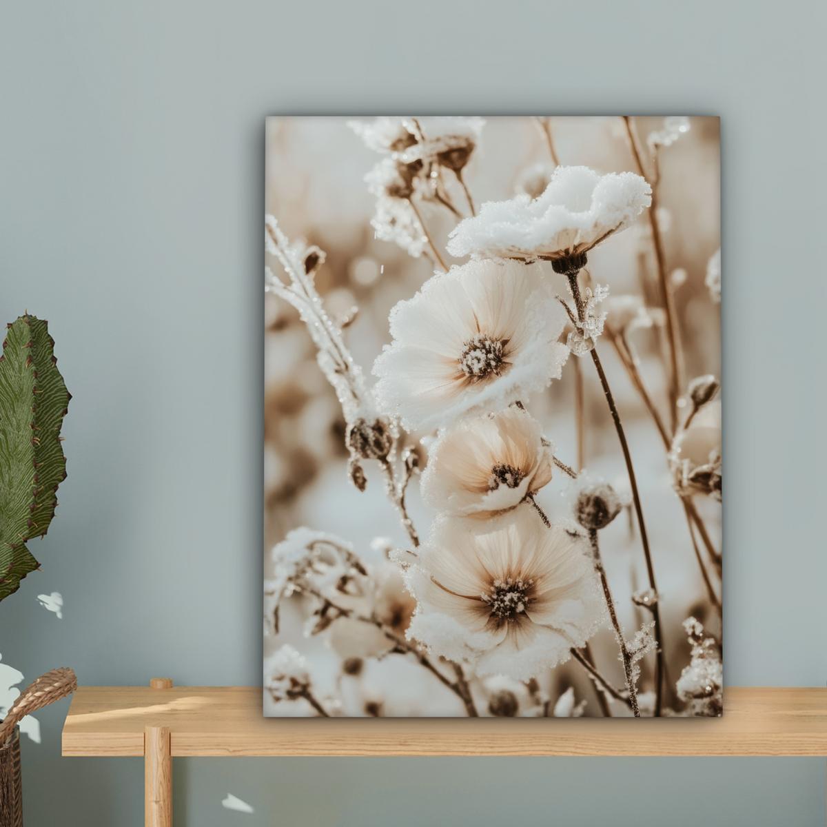 LEINWANDBILD Blumen - Winter - Weiß - Schnee - Beige Room Decor 30x40 cm - Creme, Textil (30/40cm) - MuchoWow