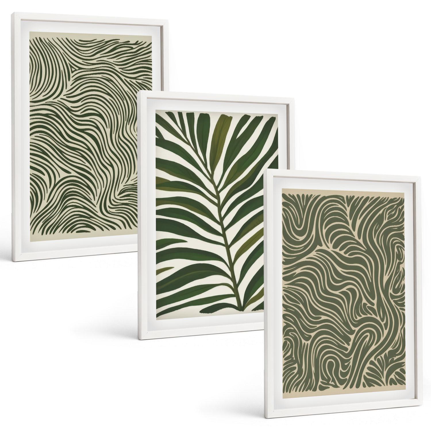 BILDER SET 3er Set - 40x60 cm Weißer Rahmen - Blattmuster wellenförmige Formen - Weiß, Kunststoff (40/60cm) - TULUP