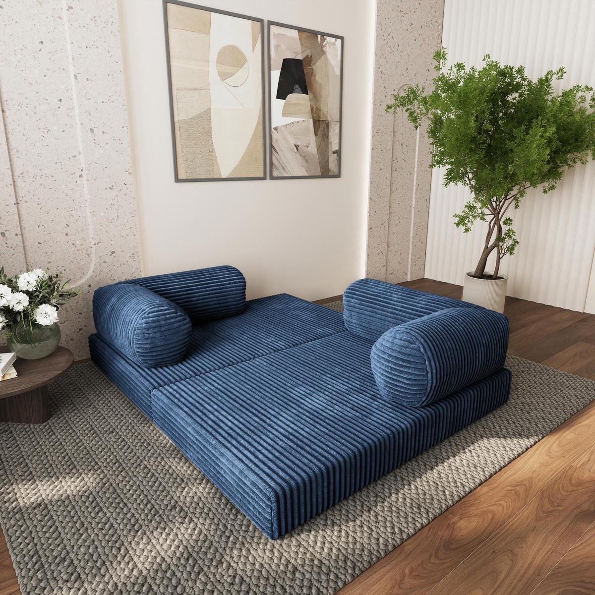 ECKSOFA ETERA modulares Boneless Sofa mit Schlaffunktion Blau Cordstoff - Blau, Textil (270/160cm) - MASSENO