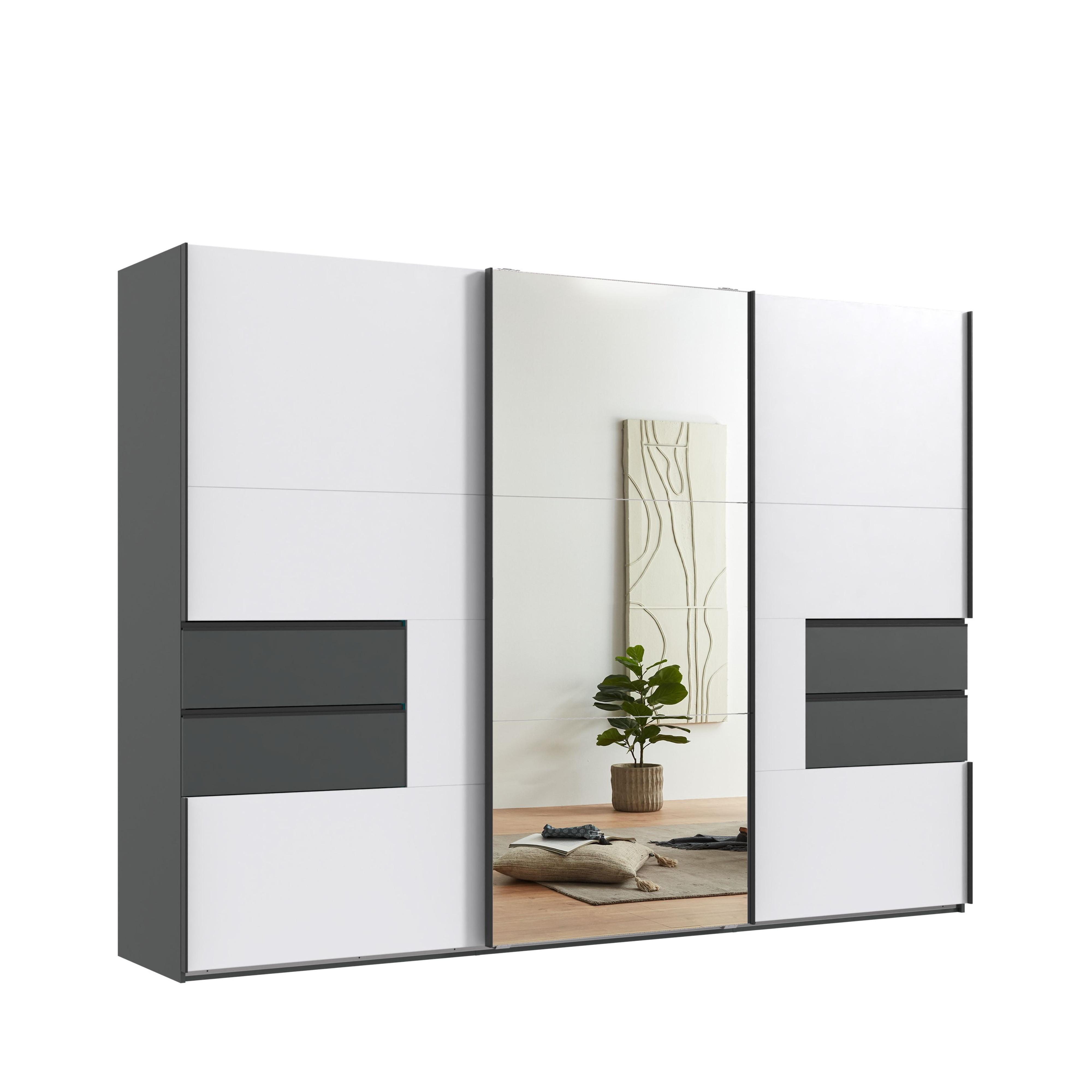 SCHWEBETÜRENSCHRANK 3-türig B300/H216/T65 cm, Korpus & Schubladen Grafit, Türen Weiß / Spiegel, Kleiderschrank inkl. Vollausstattung / 22054 - Bordeaux/Graphitfarben, Holzwerkstoff/Metall (300/216/65cm) - luma-home