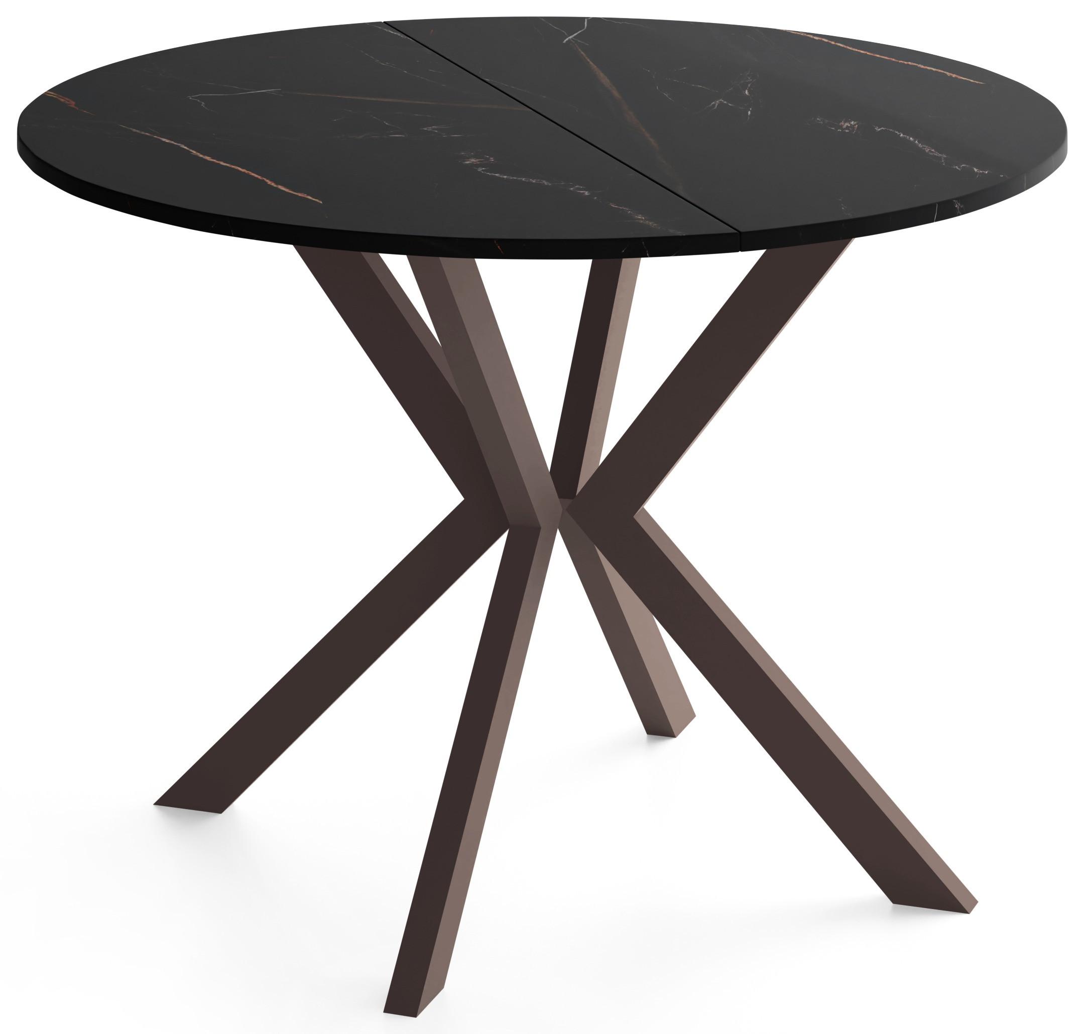 ESSTISCH Valio rund oval ausziehbar verlängerbar mit braunen Metallbeinen, Schwarz Marmor Kupfer 100-140/100/76 cm - Braun/Kupferfarben, Holzwerkstoff/Metall (100/140/76cm) - WFL GROUP