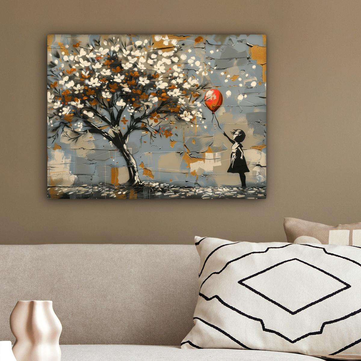 LEINWANDBILD Baum - Graffiti - Banksy-Stil - Ballon-Mädchen Wandbild 40x30 cm - Blaugrau, Textil (40/30cm) - MuchoWow