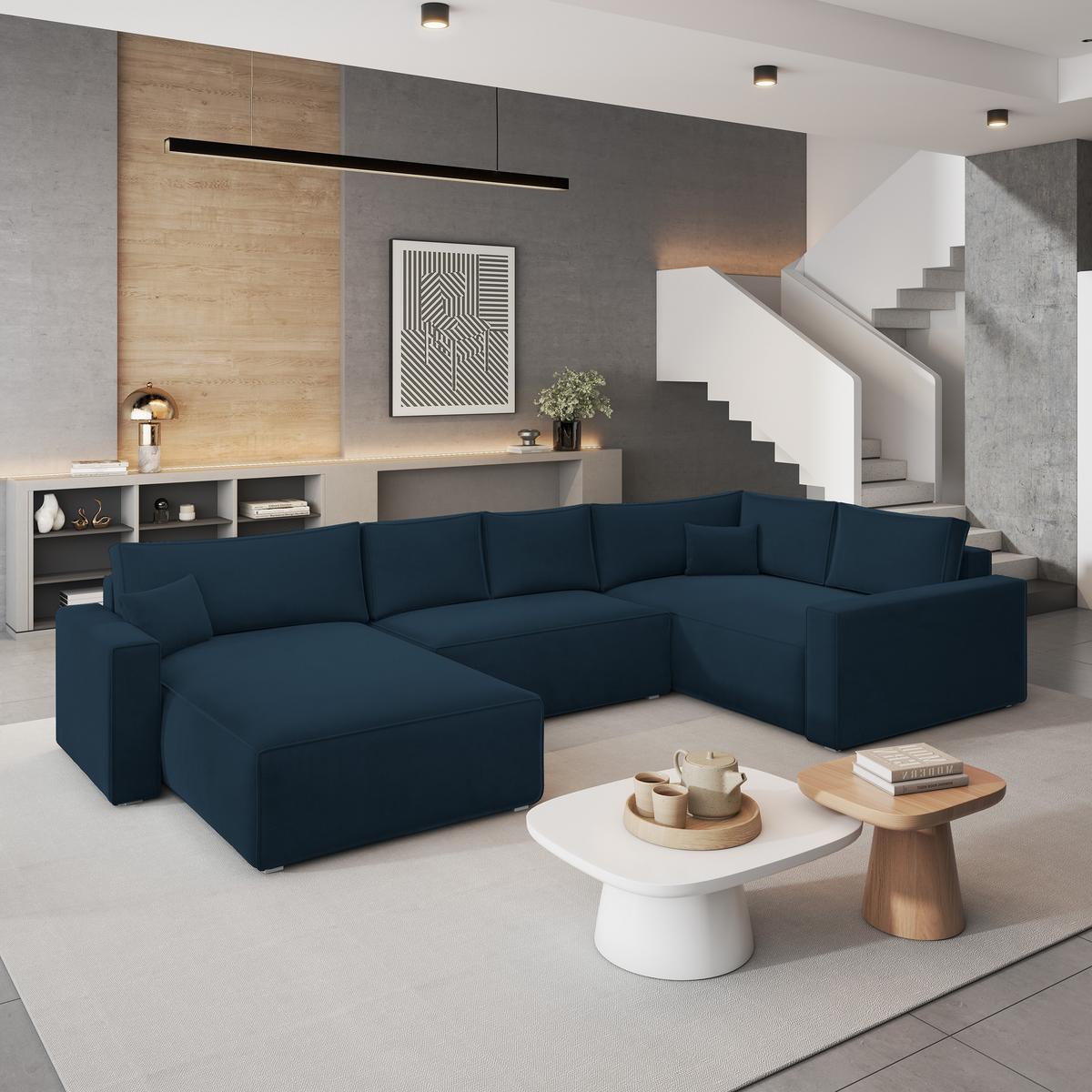 WOHNLANDSCHAFT VELAMI R-S Blau Velours-Stoff mit Schlaffunktion - Blau, Holz (365/83/194cm) - MASSENO