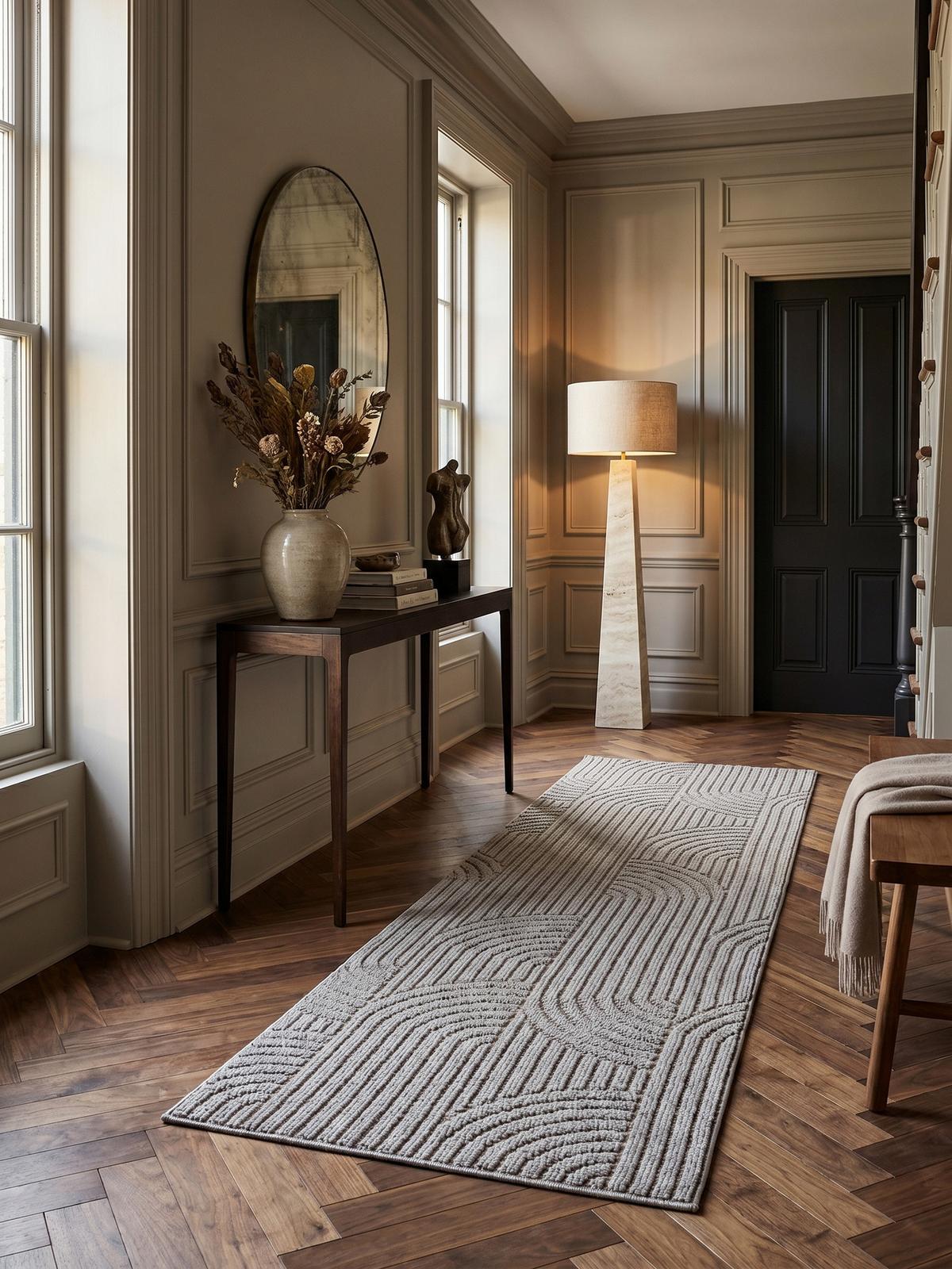 TEPPICH Flachgewebe LANGAU in Silber, mit geometrischen Bögen, 80 x 250 cm - Silberfarben, Textil (250/80cm) - KADIMA DESIGN