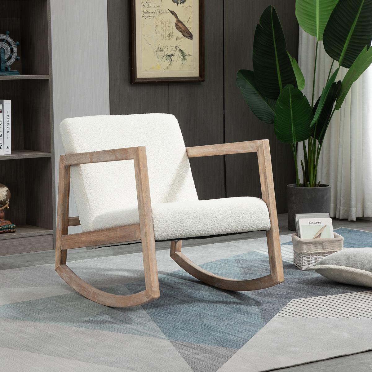 SCHAUKELSTUHL mit Holzrahmen Wohnzimmersessel Lounge Kautschukholz Cremeweiß - Creme, Kunststoff (76/77/60cm) - HOMCOM